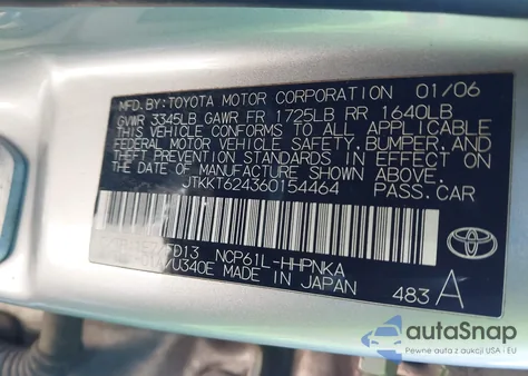 2006 Scion Xa z USA, uszkodzony, nr VIN JTKKT624360154464